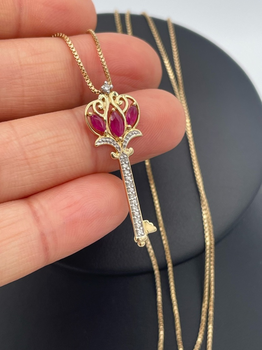 14K Gold Ruby Diamond Key Pendant Necklace 30” Box Chain Authenticated Estate